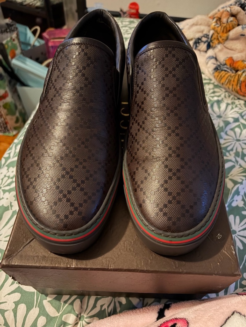 Gucci Dark Brown Monogram Slip-On Sneakers with Green-Red Stripe